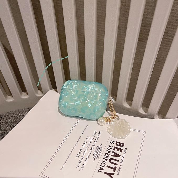 Compatible with Airpods 3rd Generation Case, PHOEACC Dream Luxury Airpod 3 Case Cute Protective Cover with Shell Pearl Keychain for Girls Teens Women (Turquoise Blue)