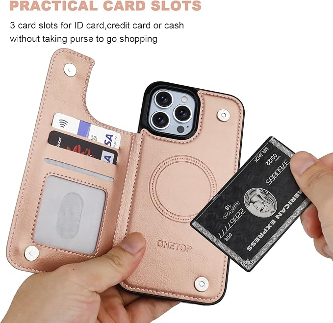 ONETOP Compatible with Magsafe for iPhone 13 Pro Max Wallet Case with Card Holder, PU Leather Kickstand RFID Blocking Case, Double Magnetic Clasp and Durable Shockproof Cover 6.7 Inch (Rose Gold)