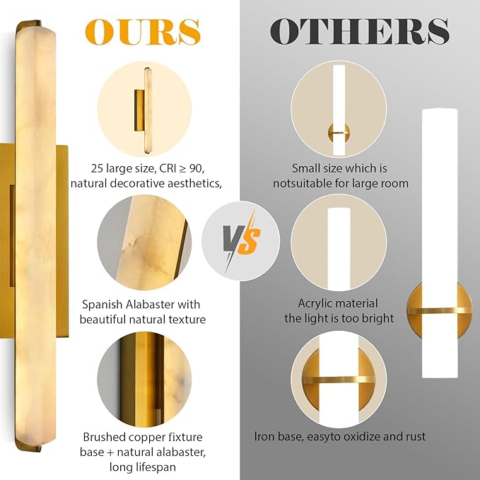 Alabaster Wall Sconces Set of Two, 25" Brass Alabaster Sconce, Spanish Natural Marble Bathroom Vanity Sconces, Rectangle Modern Sconces Lighting for Bedroom Living Room Staircases Hallway