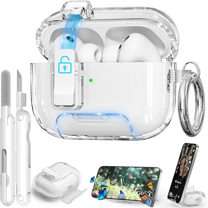 for AirPods Pro 3 Case, Anti-Yellowing Clear Case with Safety Lock, Phone Stand & Auto-Open Lid for AirPods Pro 3rd Gen 2025 Case Cover for Women Men Girly with Cleaning Kit & Keychain