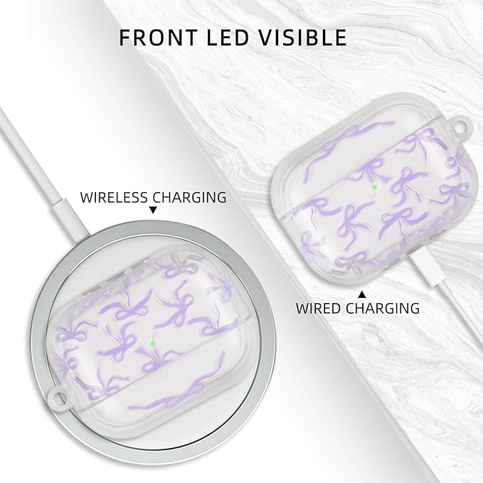Compatible with AirPods Pro 2 Case Cover 2022, Soft TPU with Cute Flower Pattern for AirPods Pro 2nd/1st Generation Case with Flower Keychain and Carabiner for Girls Women (Purple Bow)