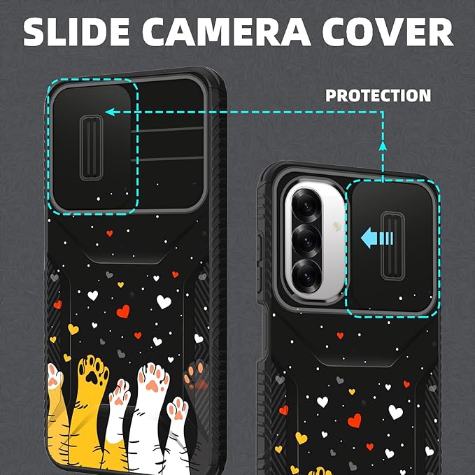 for Galaxy A17 5G Case Built in Slide Camera Lens Cover,Heavy Duty Shockproof Protection Dual Layer Case for Samsung Galaxy A17 5G 6.7" 2025,Cute Cat Paw Heart