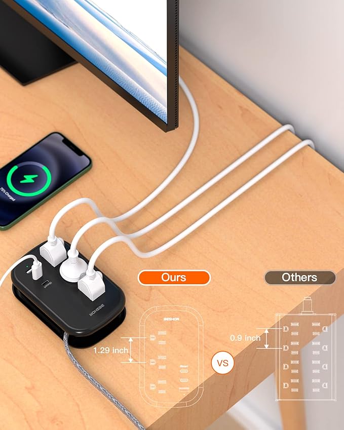 USB C Travel Power Strip, BESHON Ultra Flat Extension Cord, Flat Plug Power Strip, 3 Outlets with 3 USB Ports(2 USB C), 3.2ft Wrapped Around Extension Cord for Cruise Ship, Travel Essentials, Black