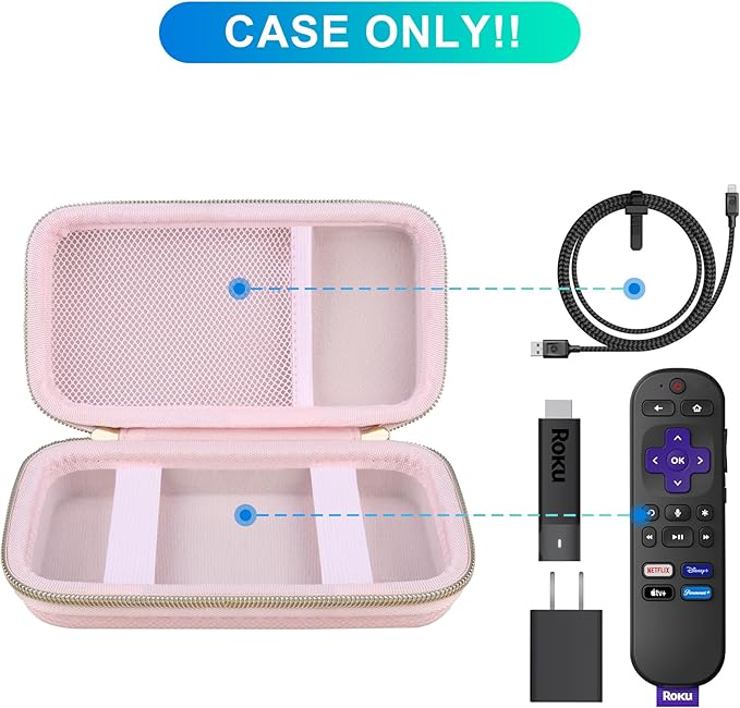 BOVKE Hard Case for Roku Voice Remote Controller, Roku Streaming Stick+ / 4K, Roku Remote Case for Roku TV Steaming Stick 3820R/ 3821R/3941R, Extra Mesh Pocket for Adapters, Cables, Pink Star