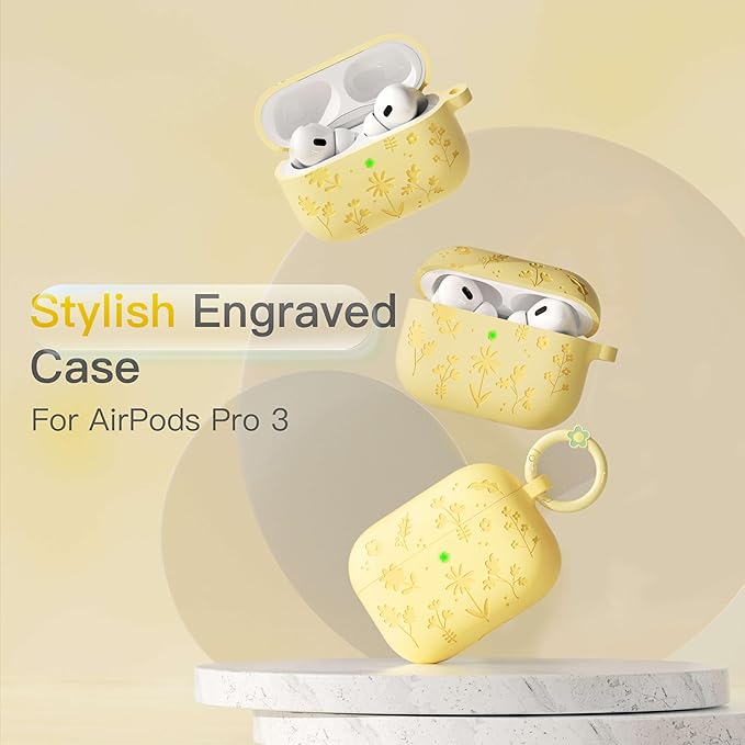 for AirPods Pro 3 Case (2025) DamonLight Floral Engraved Shockproof Protective Soft Silicone Case Cover with Cleaning Pen and Floral Keychain for Apple Airpods Pro 3rd Generation (Yellow)