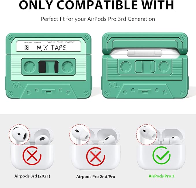 AirPods Pro 3 Case Cover, KOREDA Funny Cassette Tape Design Case for Airpods Pro 3rd Generation 2025, Cute Cartoon Fashion Silicone Protective Case for Women Men (Green)