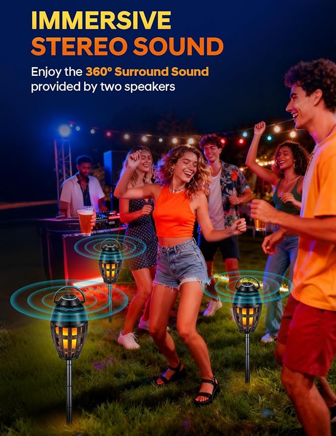 Outdoor Bluetooth Speakers with LED Flame Effect & Color Changing, IPX6 Waterproof, Bluetooth 5.3, USB Charging, Gifts for Men/Women, Torch Atmosphere Speaker for Patio/Garden/Party/Camping（2 Pack）
