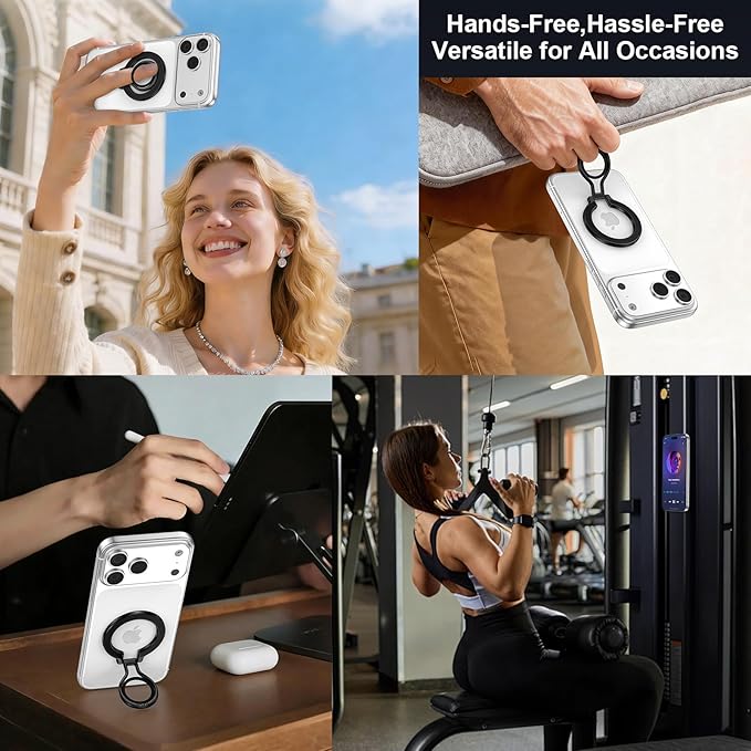 Magnetic Phone Grip for MagSafe iPhone Grip Ring Stand Holder, Adjustable Ring for MagSafe Kickstand iPhone 17 16 Pro Max Finger Loop Stand with Silicone Finger Strap, Black