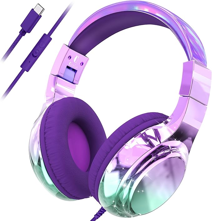 QearFun USB C Kids Headphones Wired with Mic, 85/94dB Safe Volume Limit, Foldable Over Ear, Tangle-Free Cord & Sharing Port, Wired On-Ear Headset for School, Chromebook, Tablet, Travel-Boys & Girls