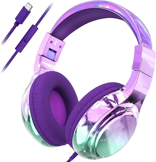 QearFun USB C Kids Headphones Wired with Mic, 85/94dB Safe Volume Limit, Foldable Over Ear, Tangle-Free Cord & Sharing Port, Wired On-Ear Headset for School, Chromebook, Tablet, Travel-Boys & Girls