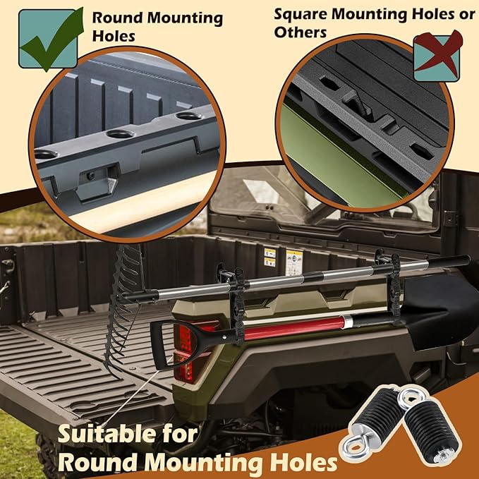 TOPOWN Upgraded Dual Tool Hooks Rack Mount for Polaris Ranger, UTV Tool Holder Bed Mount Shovel Holder, UTV Tool Mount Carrier Farm Tool Storage 4 Tools, Heavy Duty Weatherproof (Pack of 2)