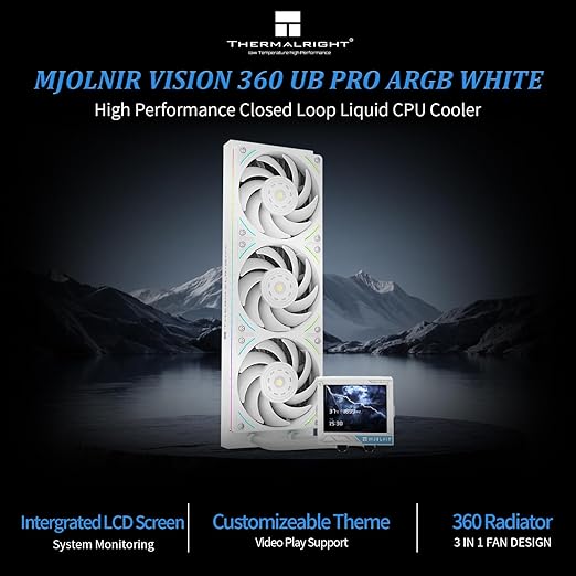 Thermalright Mjolnir Vision 360 UB PRO ARGB White Aio CPU Liquid Cooler,IPS Screen with 640x480 Resolution,3-in-1 Exhaust Fan,for AM5/Intel LGA1851/1700, 3.5in Magnet-Absorbent LCD Screen