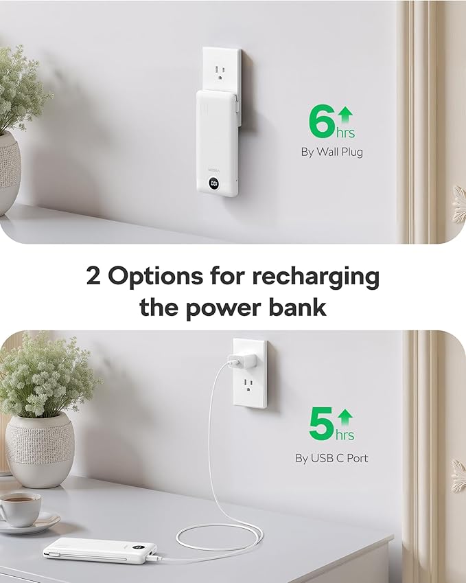 VEGER AC Wall Plug Portable Charger, 10000mah Slim Portable Charger Built in Cables, USB C Power Bank 15W Fast Charging, Travel Essential Battery Pack Compatible with iPhone, Android and More(Blue)