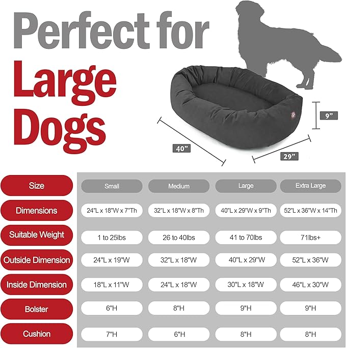 Majestic Pet 40 Inch Suede Shredded Memory Foam Mix Calming Large Dog Bed Washable 40 x 29 x 9 (Inch) - Cozy Soft Round Donut Dog Bed with Spine for Head Support - Pet Bed Gray