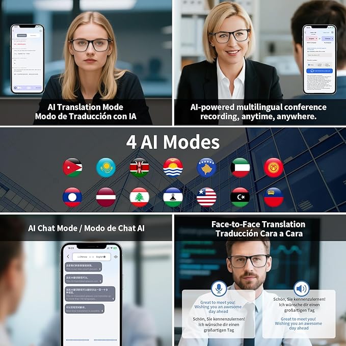 AI Smart Glasses, Support 160+ Languages, Real-Time Translation via APP, Wearable Tech Bluetooth Glasses with Speakers, Color-Change Lenses, AI Translation Glasses for Travel Meeting Trade