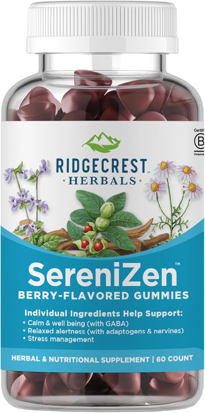 RidgeCrest Herbals SereniZen Gummies with Ashwagandha, GABA, L-Theanine, Chamomile & Lemon Balm, Supports Relaxation & Calm, Stress Management, Sleep. Daily Health Supplement, 60 Ct, 1-2 Month Supply