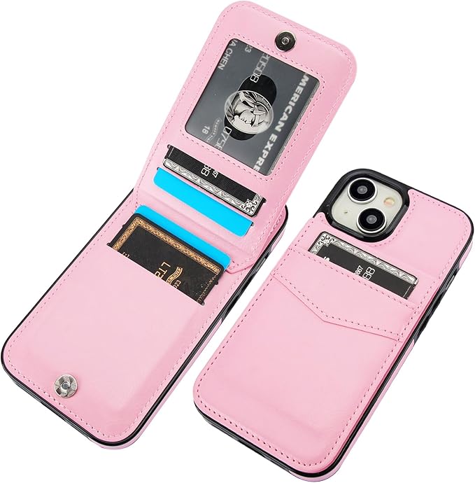 KIHUWEY Compatible with iPhone 15 Case Wallet with Credit Card Holder, Flip Premium Leather Magnetic Clasp Kickstand Heavy Duty Protective Cover for iPhone 15 6.1 Inch (Pink)