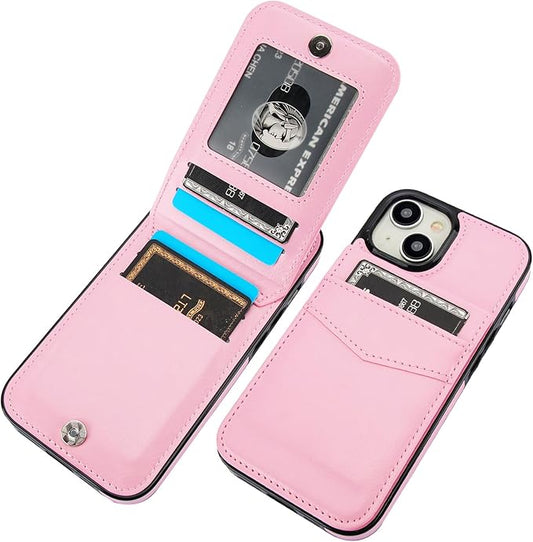 KIHUWEY Compatible with iPhone 15 Case Wallet with Credit Card Holder, Flip Premium Leather Magnetic Clasp Kickstand Heavy Duty Protective Cover for iPhone 15 6.1 Inch (Pink)