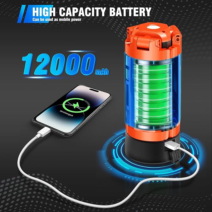 12000mAh Camping Light with Stand, Rechargeable Work Light, 10000 Lumen Dimmable Cordless Work Light with 3 LED Lamp Heads, Magnetic Emergency Flashlight with 79" Detachable Tripod