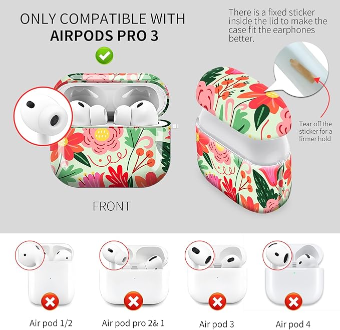 Cute Hard Case Compatible with AirPods Pro 3rd Generation Case (2025), Shockproof Protective Cover with Golden Keychain Ring Clip (Cartoon Flower)