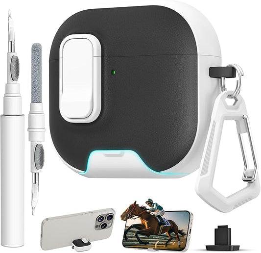 for AirPods 4 Case with Lock,TPU Leather Texture Protective Durability Anti-Lost & Shockproof Protective Cover Accessories with Cleaning Kit in Keychain for Apple AirPods 4 Generation (White/Black)