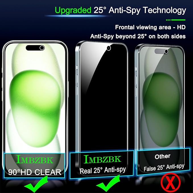 IMBZBK 3 Pack Privacy Screen Protector for iPhone 15 Plus Tempered Glass with 3 Camera Lens Protector, Accessories 9H Anti Spy for Apple 15 Plus, 2.5D Curved, Case Friendly, Transparent