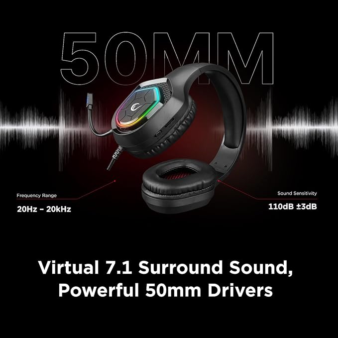 Rampage RM-K90 Wired Gaming Headset with Microphone – RGB Headphones with Mic, 50mm Drivers, Noise-Canceling for PC, PS4, PS5 & Laptop Gaming
