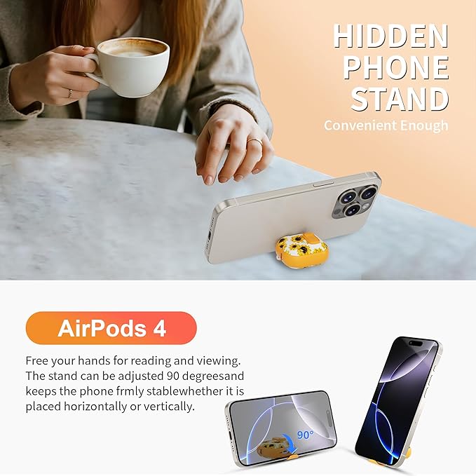 for AirPods 4 Case with Secure Lock Clip in Phone Stand,Floral Girly Style Protective Cover with Cleaning Kit and Hand Strap for Apple AirPod 4 Generation (Yellow Sunflower)