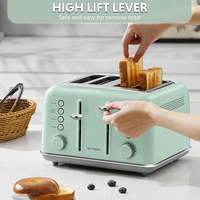 BUYDEEM DT640 Retro 4 Slice Toaster, 7 Shade Settings, Extra Wide 1.5'' Slots, Stainless Steel Toaster with Bagel Muffin Defrost Reheat Function, Green