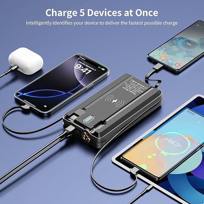 Solar Power Bank 52800mAh 5V/3A Fast Charging Battery Pack with Built in 4 Cables 2 Outputs & LED Flashlight for Cell Phone Camping and Hiking