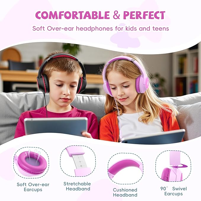 Kids Headphones Wired with USB C Plug, 85/94 dB Volume Limit Foldable USB Type C Headphones for Kids Girls, Plug in Headphones Corded Over Ear Wired Headphones for School/Tablet/Travel, Fuscia Pink