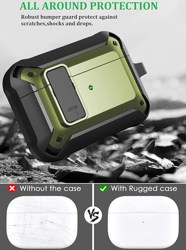 for Airpods Pro 3 Case with Magnetic Automatic Lock, Rugged Apple Airpods Pro 3rd Generation Cover 2025, Armor Shockproof iPod Pro3 Gen Protective Hard Shell Carabiner&Cleaner kit, Army Green