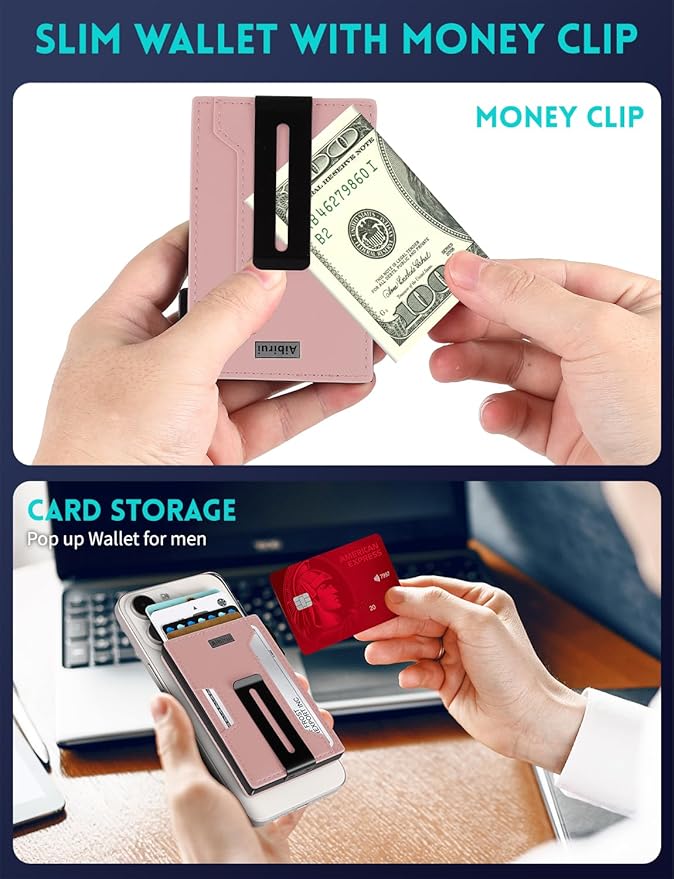Wallet for men,Magsafe Wallet with Money Clip,Ridge Wallets for Men | Magnetic wallet for iPhone 17/16/15/14/13/12 Series,Card Holder(8 Cards & Bills), Aluminum & Microfiber Leather,Pink