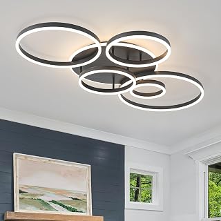 O'NEELDY Black Flush Mount Ceiling Light Dimmable Dining Room Light Fixture Round 6 Rings Modern LED Ceiling Light with Remote Control 47" Kitchen Lighting Fixture Ceiling Lamp for Living Room,Bedroom - Image 1