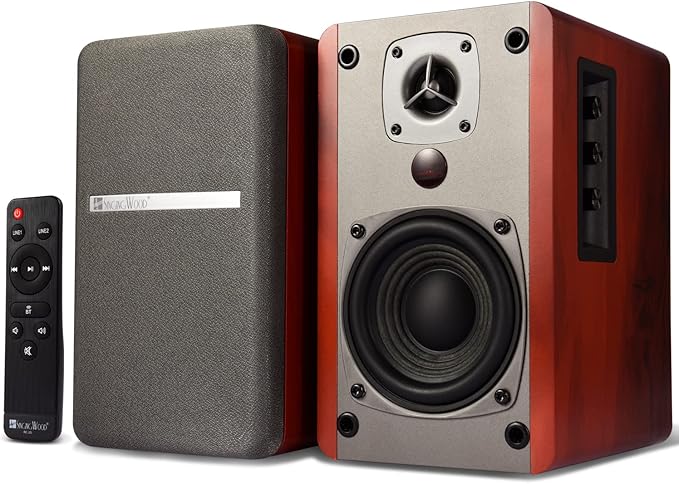 SINGING WOOD BT27 Active Bluetooth Bookshelf Speakers - 60W Powered Studio Monitors, Home Theater Computer Speakers with RCA, Treble/Bass Control, DSP & DRC | HiFi Sound, Wood Grain Finish (Walnut)