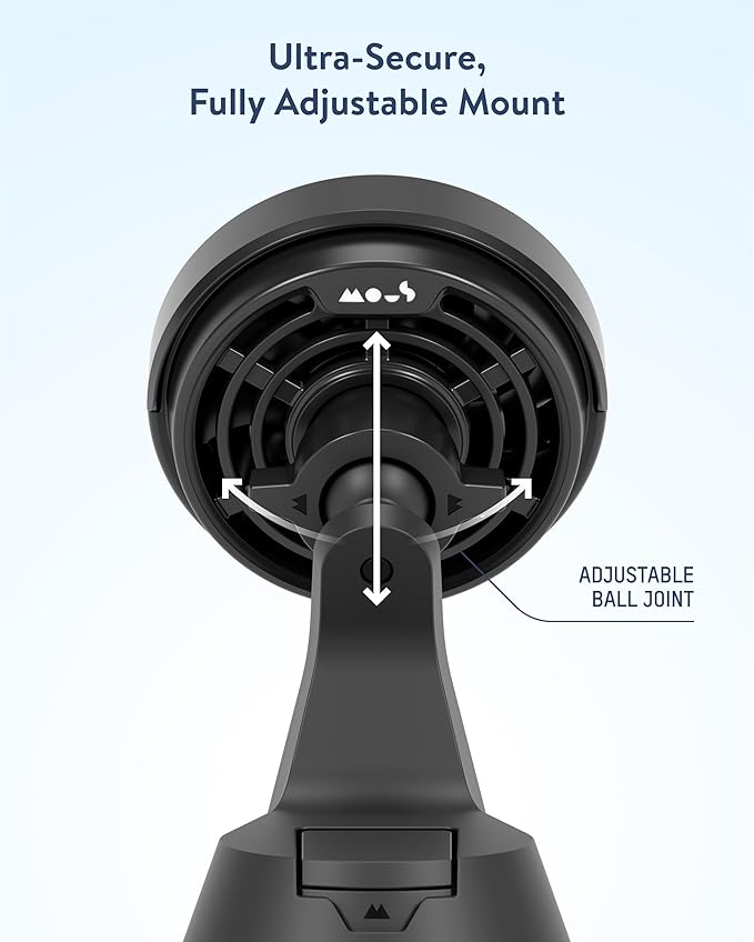 Mous 15W Wireless Charging Suction Mount, Designed for MagSafe Car Phone Holder- Fast Cooling Magnetic Car Mount Charger Compatible with iPhone 16/15/14/13, Pixel and S25 - Windshield/Dashboard