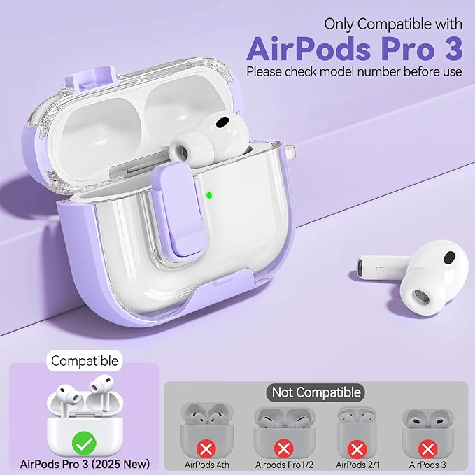 for Airpods Pro 3 Case 2025, Anti-Yellowing Clear Case for Airpods Pro 3 with Secure Lock & Phone Stand, Soft TPU Drop Protection Cover with Cleaning Kit (Purple)