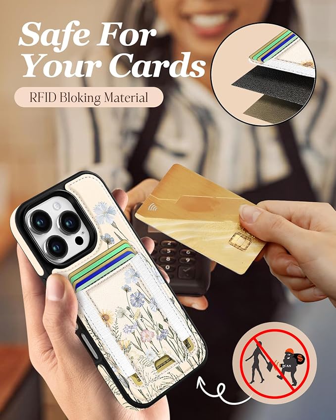 Shorogyt for iPhone 16 Pro Case Wallet - Fits 5 Cards, Compatible with Magsafe Detachable Magnetic Credit Card Holder Leather Cardholder Cute Phone Cover Women Girls for Apple 16Pro, Color Flower