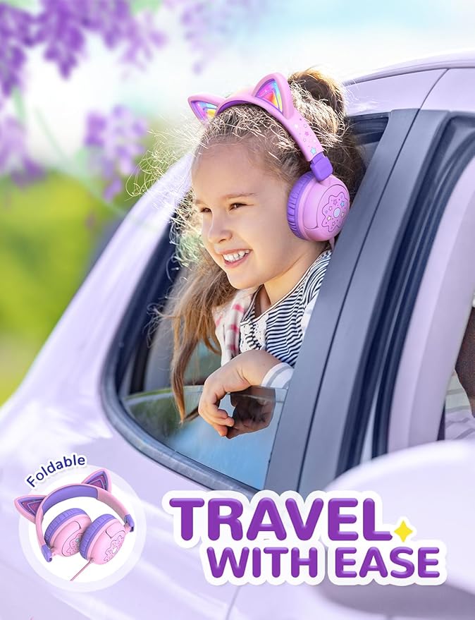 iClever Kids Headphones Cat Ear, LED Light Up, 85dBA Safe Volume, Stereo Sound Toddler Headphones for Travel School, Foldable 3.5mm Wired Kids Headphone for iPad Tablets, Meow Lollipop -Pink
