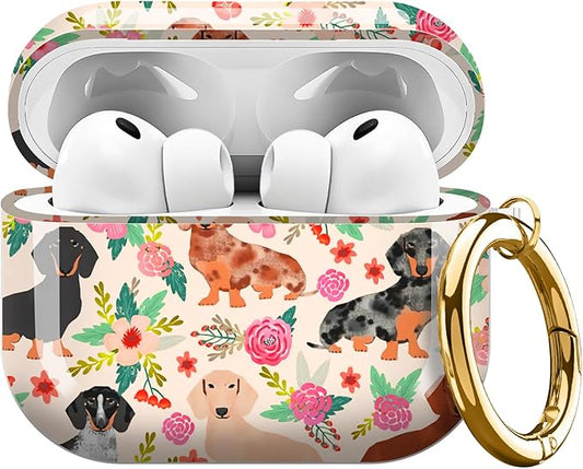 Compatible with AirPods Pro 3 (2025) Case, Airpod Pro 3 Protective Cover with Cute Golden Keychain for Girls & Women (Dachshund Sausage Dogs Puppies Pink Flowers)
