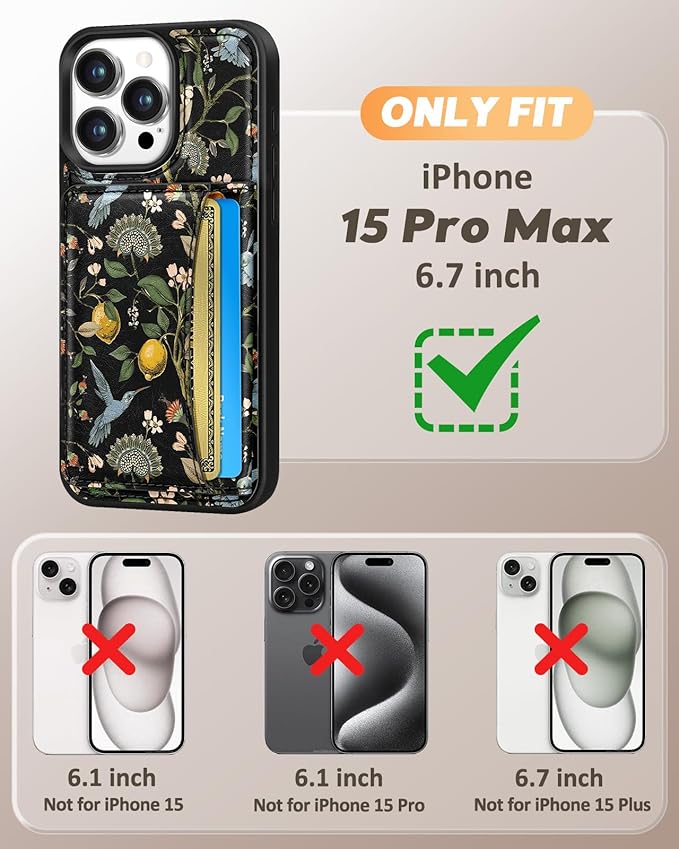 for iPhone 15 Pro Max Case with Wallet - Fits 4 Card Slots, Compatible with MagSafe for Women Aesthetic PU Leather Credit Card Holder Kickstand Phone Cover for Apple 15 Promax, Lemon Bird