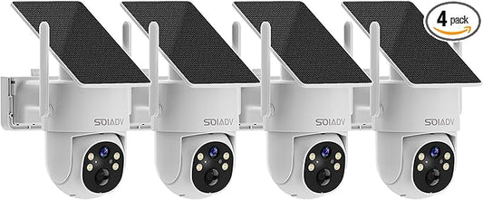 SOIADV 4Pack Solar Security Camera Wireless Outdoor with 360°View, 2K Color Night Vision, PTZ Camera for Home Security, Battery Powered, Two Way Audio, Motion Detection, PIR Alarm, IP65 Weatherproof