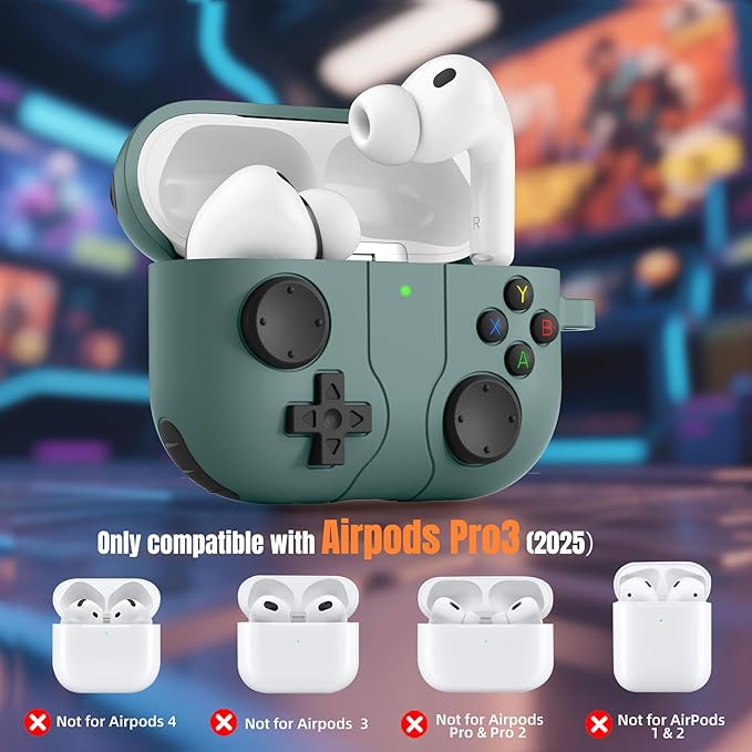 Getino Game Case for AirPods Pro 3 Case 2025, Shockproof Silicone Cover for Apple AirPods Pro 3 – with Cleaner Kit & Keychain, Classic Funny Durable Protective Case for Men Boy–Pine Green