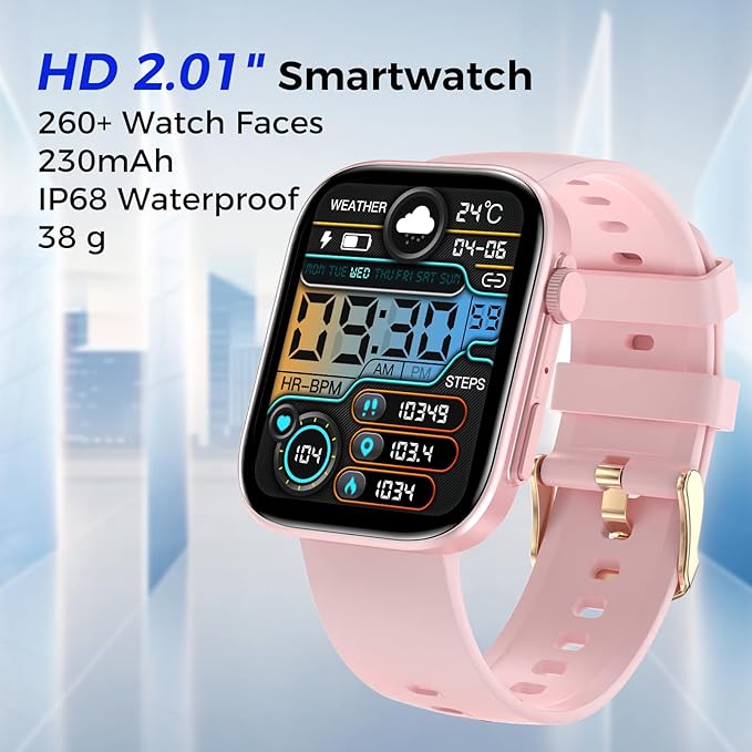 Smart Watches for Women, 2.01" HD Screen with 200+ Watch Faces, Heart Rate/SpO2/Sleep Monitor, 123 Sports Modes, IP68 Waterproof Fitness Tracker, Make/Answer Calls, Compatible with Android iPhone