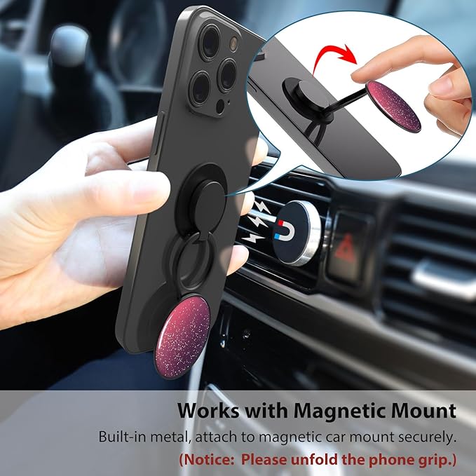 Phone Grip Holder, Phone Ring Holder Finger Kickstand, Adjustable Metal Cell Phone Rings Gripper Stand Work with Magnetic Car Mount for iPhone Samsung &Other Phones - Sky Red