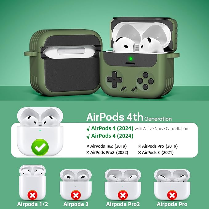Inesore for Airpods 4 Case with Lock,Compatible with Airpods 4 with Active Noise Cancellation Cases,Classic Cool Funny Game Console Air pods4 Case Cover for Men Boy with Cleaner Kit(Green)