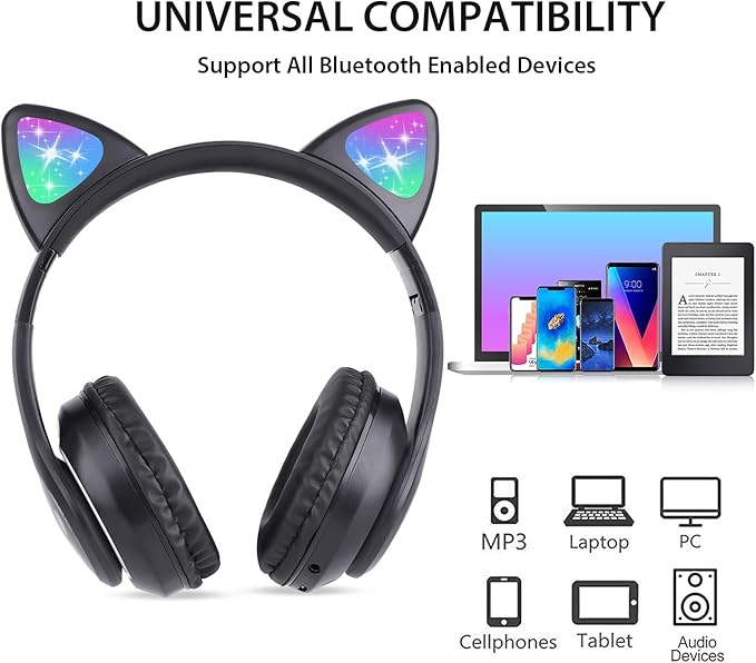 TCJJ Bluetooth 6.0 Cat Ear Kids Headphones for Girls, LED Light Up, 85dB Safe Volume Limit, Stereo Sound Toddler Foldable Wireless & 3.5mm Wired Headset with Mic for School, Tablet, Travel