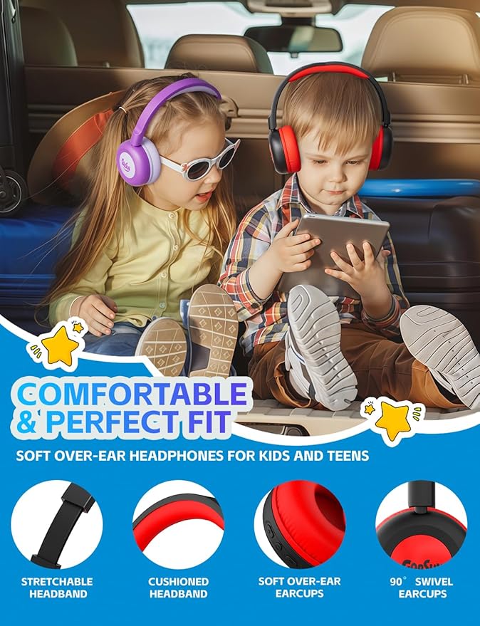 Kids Bluetooth Headphones,Toddler Headphones with Microphone,85dB Volume Limited,Bluetooth 5.3 Twistable Lightweight Kids Wireless Earphones for Boy Girl Tablet Travel School