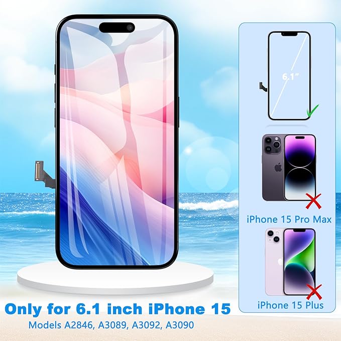 for iPhone 15 Screen Replacement 6.1 inch Full HD, 3D Touch LCD Screen Display Digitizer Assembly with Repair kit, Compatible for Model A2846, A3089, A3092, A3090
