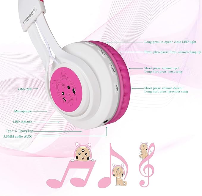 Riwbox CT-7 Cat Ear Bluetooth Headphones, LED Light Up Bluetooth Wireless Over Ear Headphones with Microphone and Volume Control for Travel/School/Smartphones/Laptop/PC/TV (White&Pink)